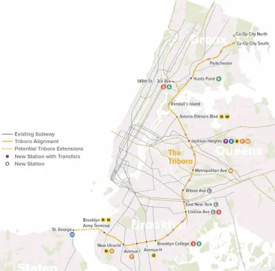 A map of the proposed Triboro Line, which would connect Brooklyn to Queens and the Bronx in New York City.