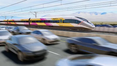 Rendering of white, yellow, and purple Brightline West high-speed rail train speeding along highway median with blurred cars in foreground.