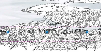 A conceptual rendering showing the potential development capacity of zoning changes included in the Broadway Plan for Vancouver, British Columbia.
