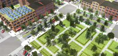 An image of a 3D city block generated by ESRI CityEngine software