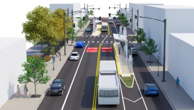 A conceptual rendering of a bus stop and bus-only lane on a downtown street.