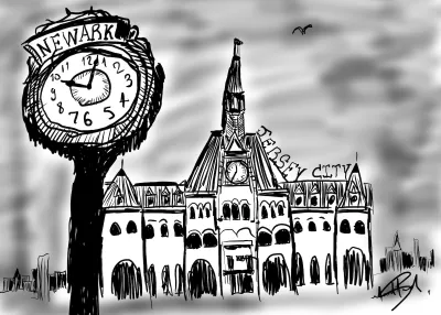 Black and white digital illustration of Newark, New Jersey town square with old clock.