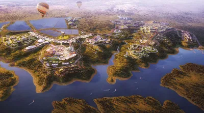 Rendering of Elysium, Spain city built on brnd new land.