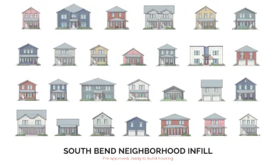 Sketches of front facades of houses laid out in a grid, six rows by four columns.