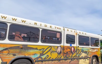 Close-up of Sunset Empire Transportation District bus in Astoria, Oregon