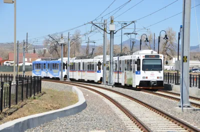 RTD train pulling into a station in Denver, Colorado