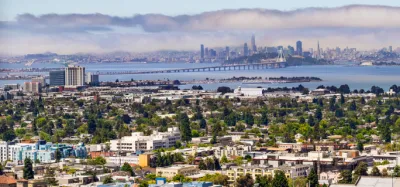 Downtown Berkeley, California with Bay Bridge and San Francisco skyline in background
