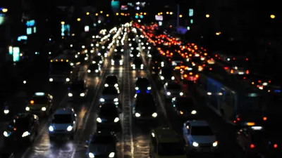 Blurred night view of gridlocked traffic on freeway