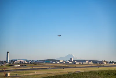 Runway and plane taking off at Paine Field, Everett, Washington