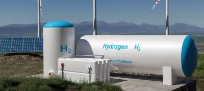 Rendering of hydrogen storage tank with solar panels in background