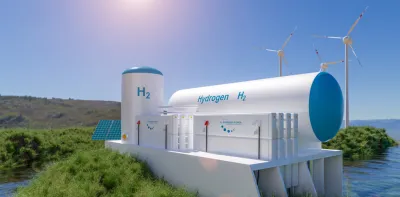 3D rendering of a hydrogen storage facility with wind turbines in background
