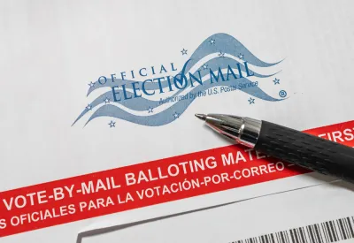 Close-up of vote-by-mail ballot with pen