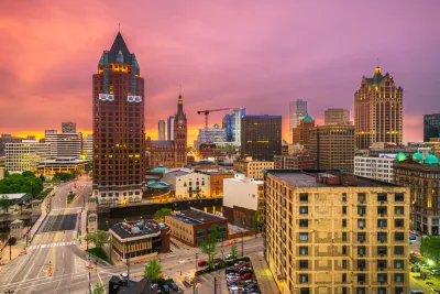 Aerial view of downtown Milwaukee, Wisconsin at sunset