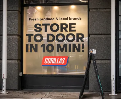 Storefront window for Gorillas fast-delivery store in New York City "Store to door in 10 min!"