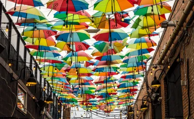 Colorful umbrellas over an alleyway in RiNo Arts District, Denver, Colorado