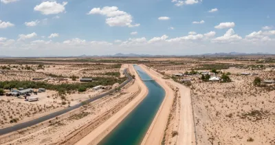 Aerial view of Central Arizona Project water canal through desert landscape