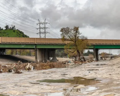 View of Los Angeles River at Glendale Narrows segment with tree and overpass