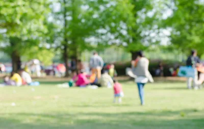 Blurred image of people hanging out on green lawn in a park with green trees in background