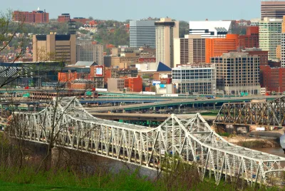 Aerial view of Brent Spence Bridge over Ohio River