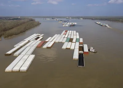 Aerial view of shipping barge on the Mississippi River