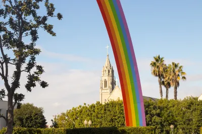 Rainbow, a public art installation by American artist Tony Tasset, rises 94 feet above Sony Pictures Studios in Culver City