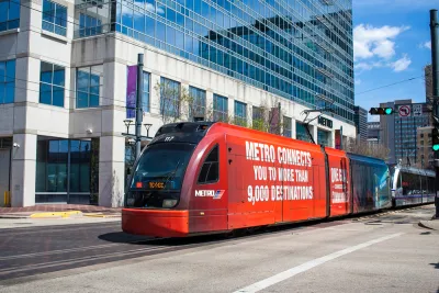 Red Metrorail train in downtown Houston, Texas
