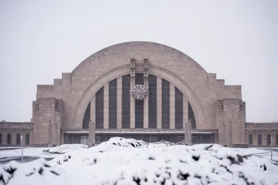 View of snowy Union Station building in Cincinnati, Ohio