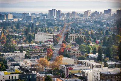 Aerial view of Oakland, California with bay in background