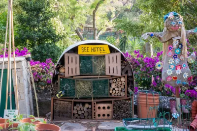Garden with bee houses labeled 'bee hotel' and scarecrow