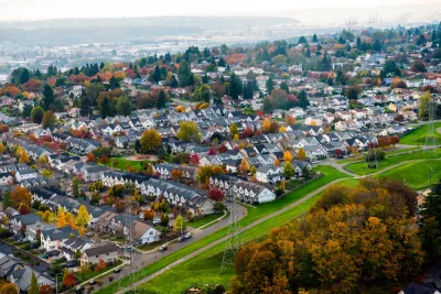 Aerial view of waterfront houses in Seattle, Washington