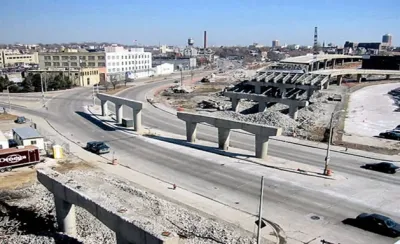 Elevated freeway being demolished in Milwaukee, Wisconsin.