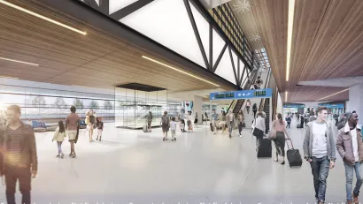 Rendering of busy concourse at Houston train station for Texas Central train.