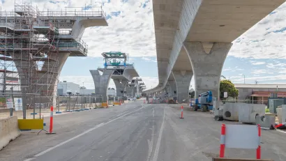 View of highway overpass under construction from underneath.