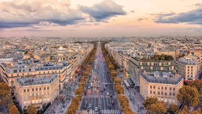 Aerial view of Champs Elysees boulevard in Paris, France.