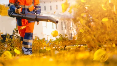 Low shot of worker in orange pants using leaf blower on yellow leaves.
