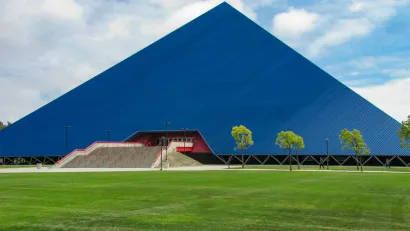 Blue pyramid-shaped stadium on campus of Cal State Long Beach in Long Beach, California.
