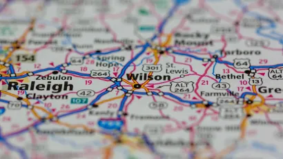 Close-up of road map showing Wilson, North Carolina