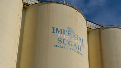 Close-up of silos with Imperial Sugar logo in Sugar Land, Texas