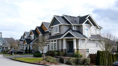 Two-story homes on residential street in Surrey, British Columbia, Canada.