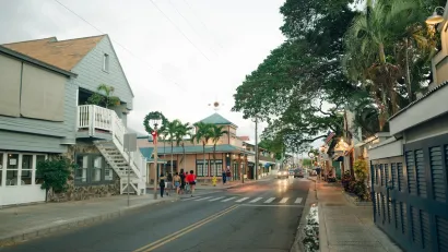 Street with two-story buildings in Lahaina, Maui, Hawaii.