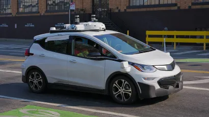 White Cruise autonomous vehicle on street in San Francisco, California.