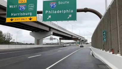 View south along Interstate 95 (Pennsylvania Turnpike Delaware River Extension) at Exit 40 (Interstate 276 WEST/Pennsylvania Turnpike, Harrisburg) in Bristol Township, Bucks County, Pennsylvania