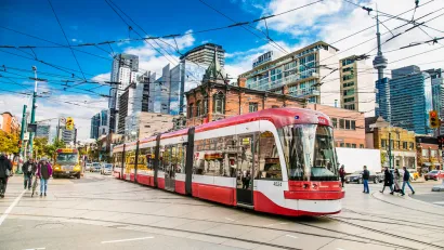 Red and white Toronto streetcar