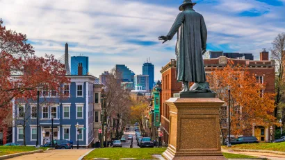 View of Boston from Bunker Hill with statue in foreground