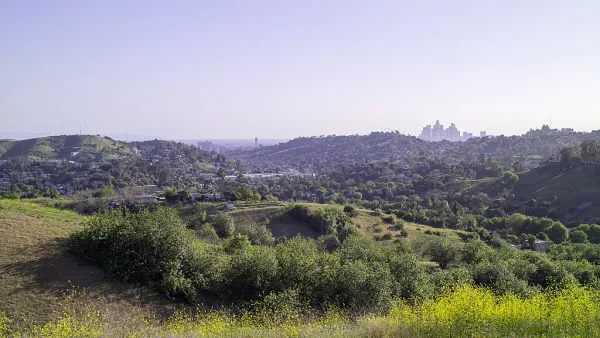 Green rolling hills of Elephant Hill park with blue sky and the Los Angeles skyline on the distant horizon.