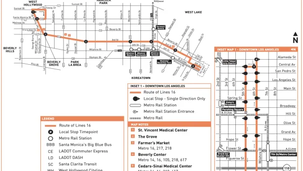 A map of the route the 16 bus takes along 3rd Street across Los Angeles.