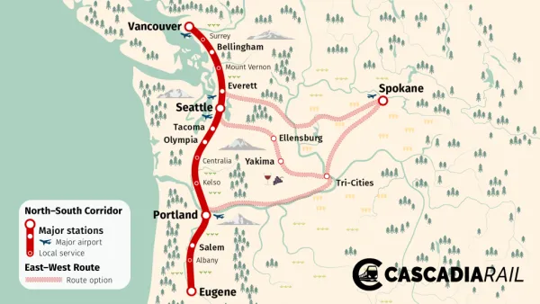 A map of a planned high-speed rail connecting Portland to Seattle and Vancouver.