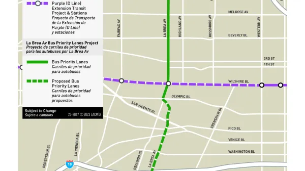 A map of the planned and proposed route of the La Brea Ave Bus Priority Lanes Project in Los Angeles, runn9ing from Sunset Boulevard to the north and the E Line to the south.