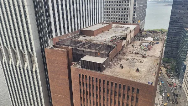 Aerial view of rooftop of 25 Water Street building in New York City with redevelopment work going on on rooftop.