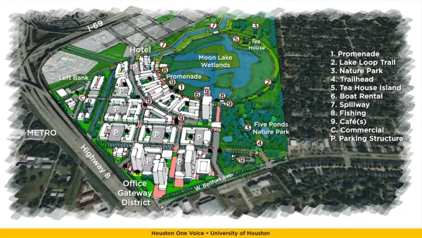 Rendering of mixed-use development with parks and stormwater retention on former Houston landfill site